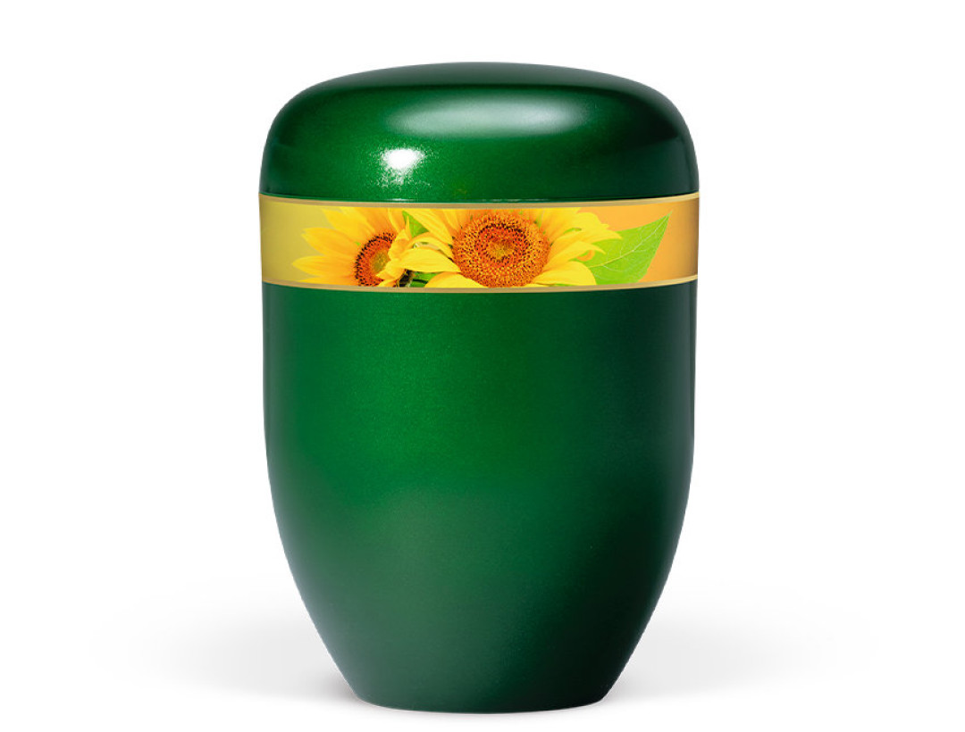 Naturstoffurne, Moosgrün, Dekorband Sonnenblumen