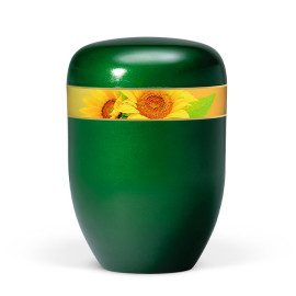Naturstoffurne, Moosgrün, Dekorband Sonnenblumen