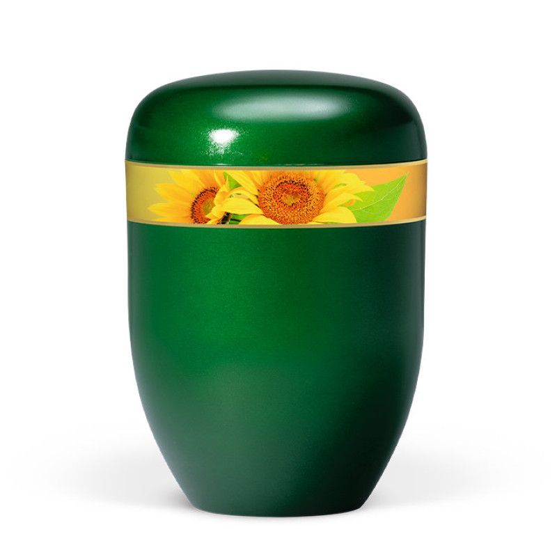 Naturstoffurne, Moosgrün, Dekorband Sonnenblumen