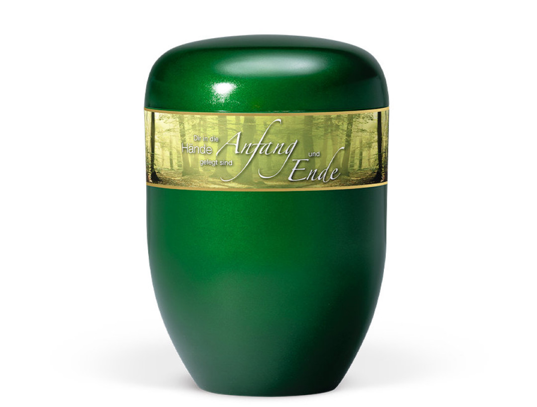 Naturstoffurne, Moosgrün, Dekorband Waldlichtung + Trauertext Nr. 10