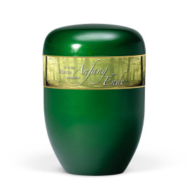 Naturstoffurne, Moosgrün, Dekorband Waldlichtung + Trauertext Nr. 10