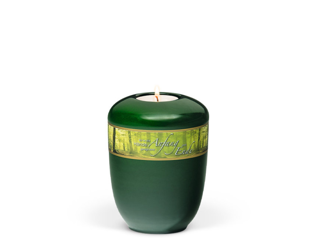 Keramikurne, Moosgrün, Dekorband Waldlichtung + Trauert. 10 Gedenkurne mit Teelicht