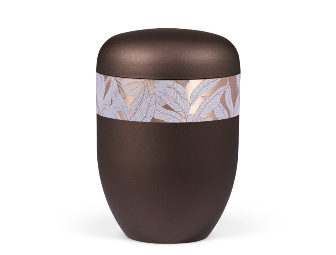 Naturstoffurne, Kastanienbraun Matt Rosé Gold, Dekor Blätter