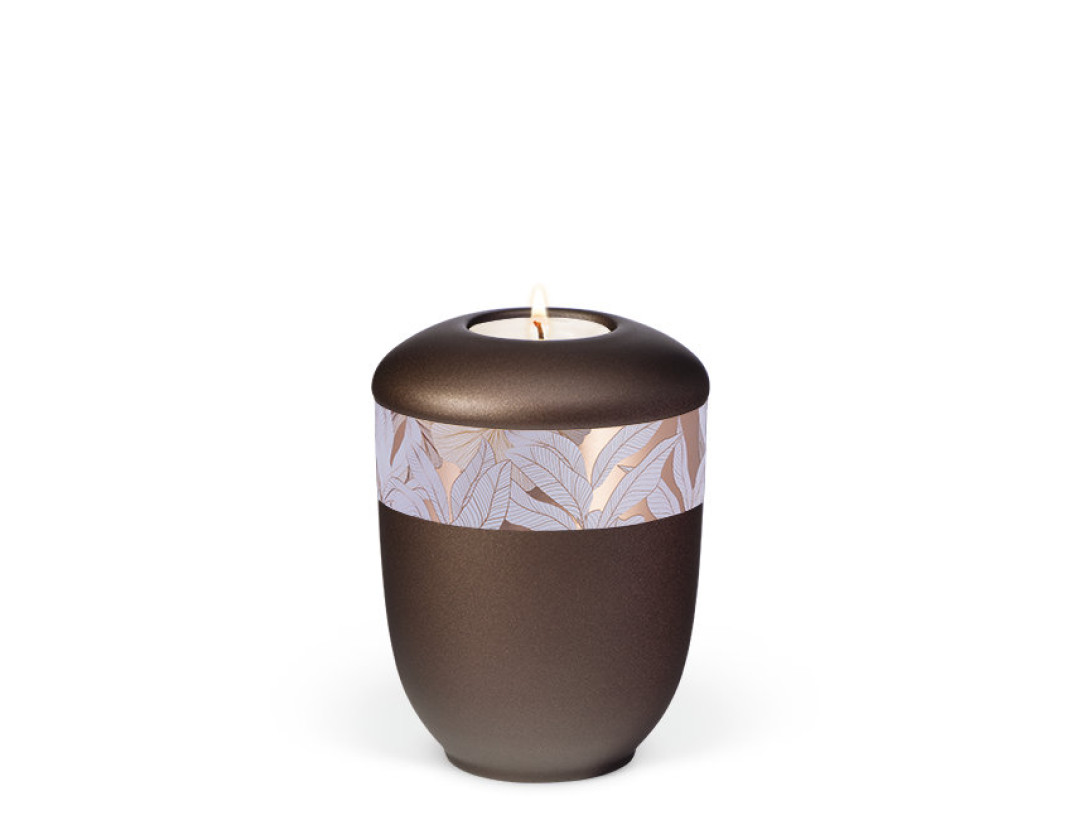 Keramik, Kastanienbraun Matt Dekor Rosé Gold, Blätter Gedenkurne mit Teelicht