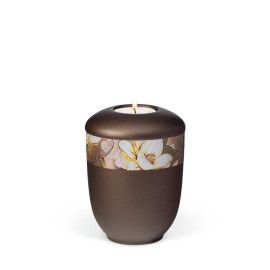 Keramik, Kastanienbraun Matt Dekor Rosé Gold, Magnolia Gedenkurne mit Teelicht