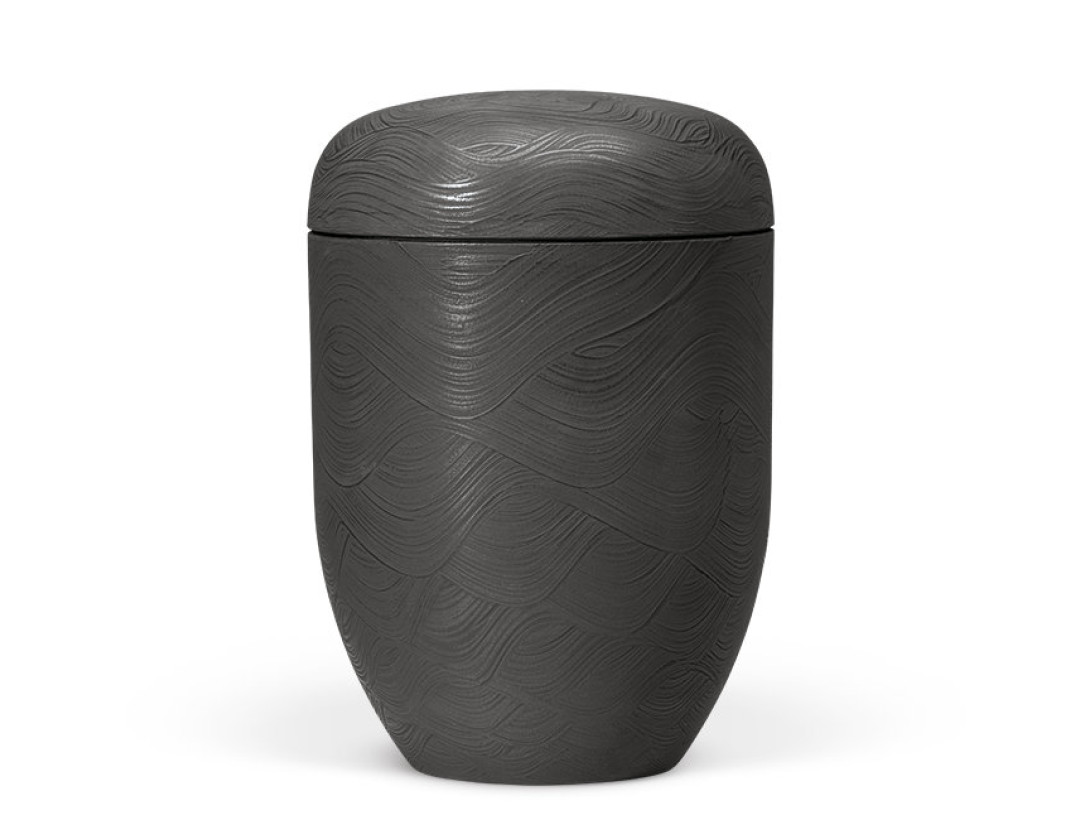 Naturstoffurne, Steinbeschichtet, Anthrazit-Grau, Wellenmotiv