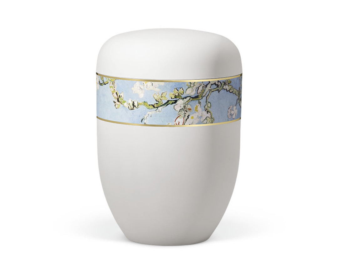 Naturstoffurne, Weiß Matt Dekor Van Gogh Mandelblüte