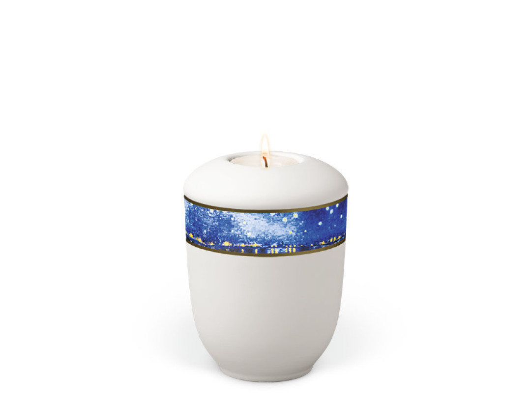 Keramik, Weiß-Matt Dekor Van Gogh Sternennacht Gedenkurne mit Teelicht