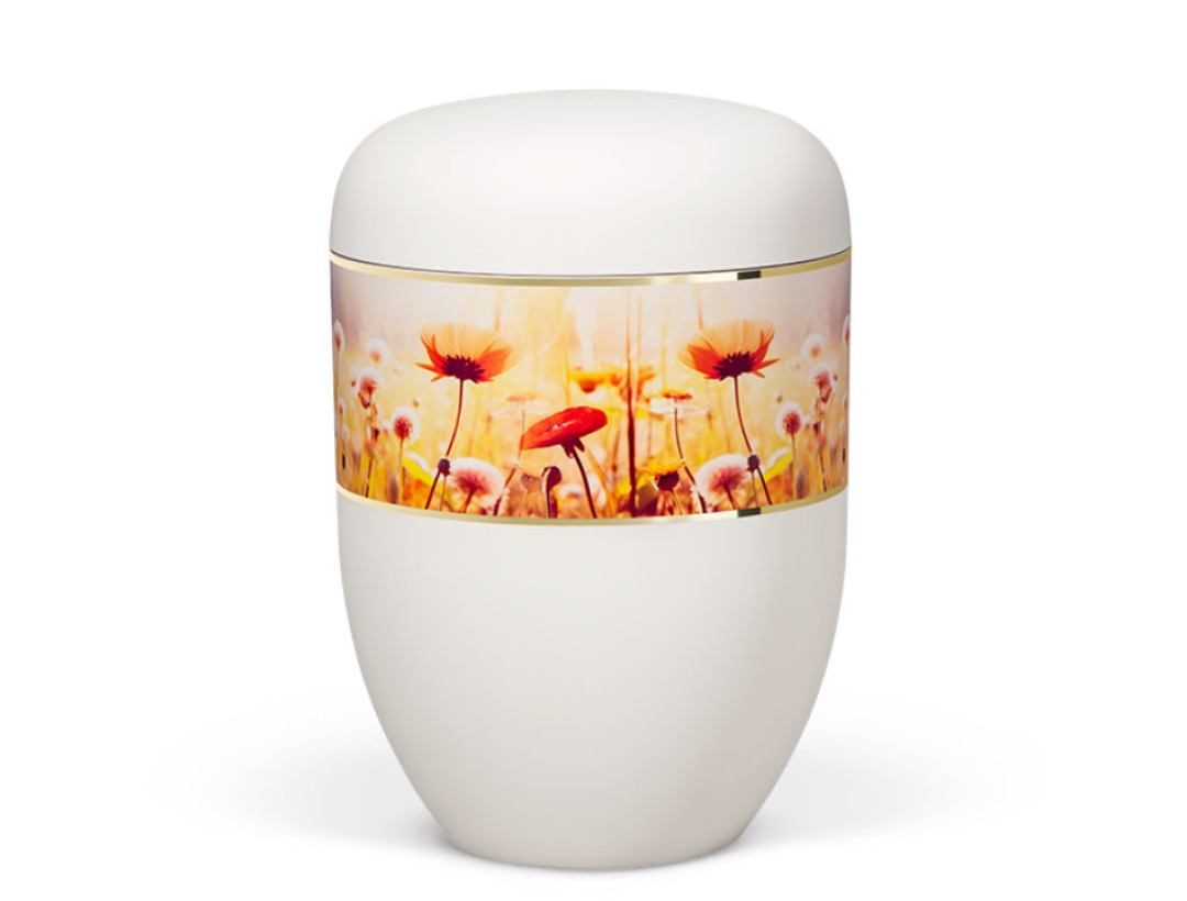 Naturstoffurne, Weiß Matt Dekorband Breit Wildblumen