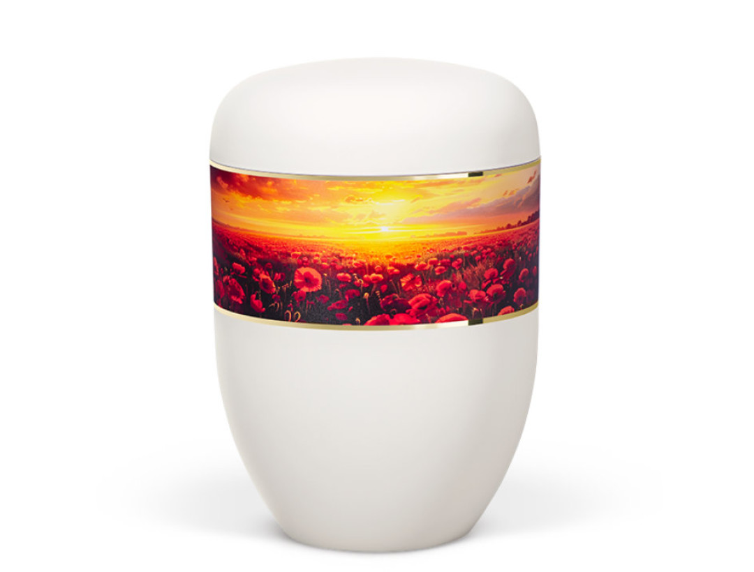Naturstoffurne, Weiß Matt Dekorband Breit Mohnfeld im Abendlicht