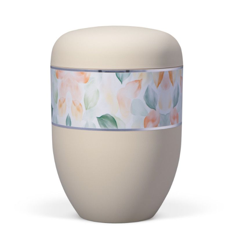 Naturstoffurne, Sandbeige, Florales Aquarellmuster, Blätter in Pastellfarben