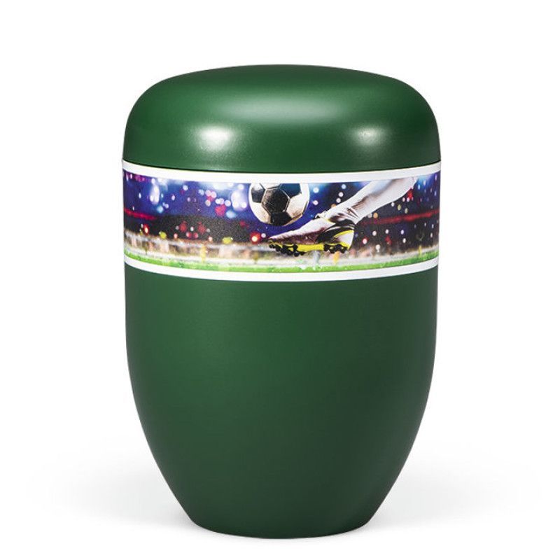 Naturstoffurne, Kieferngrün, Dekor "Fußball"