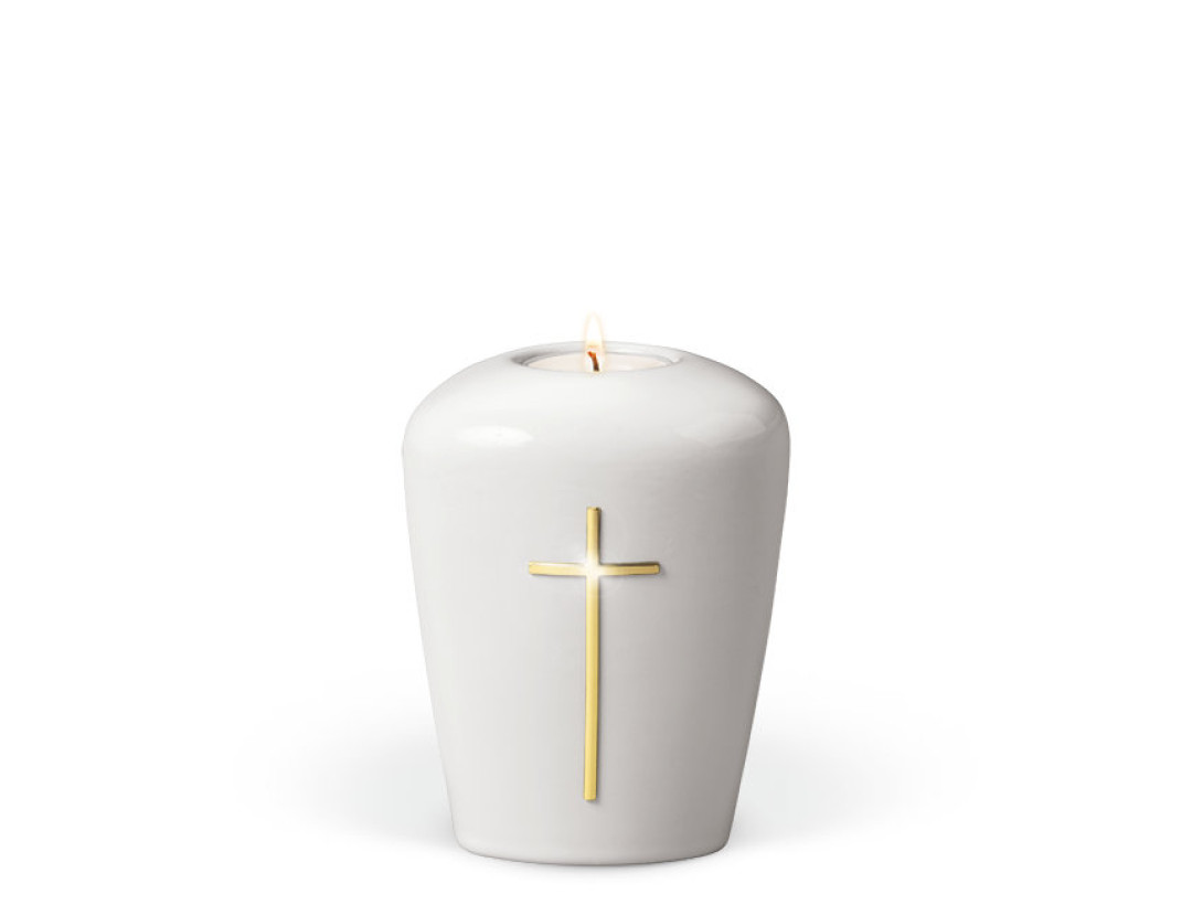 Keramikurne, Cremeweiß, Kreuz Stripdome, Gedenkurne mit Teelicht