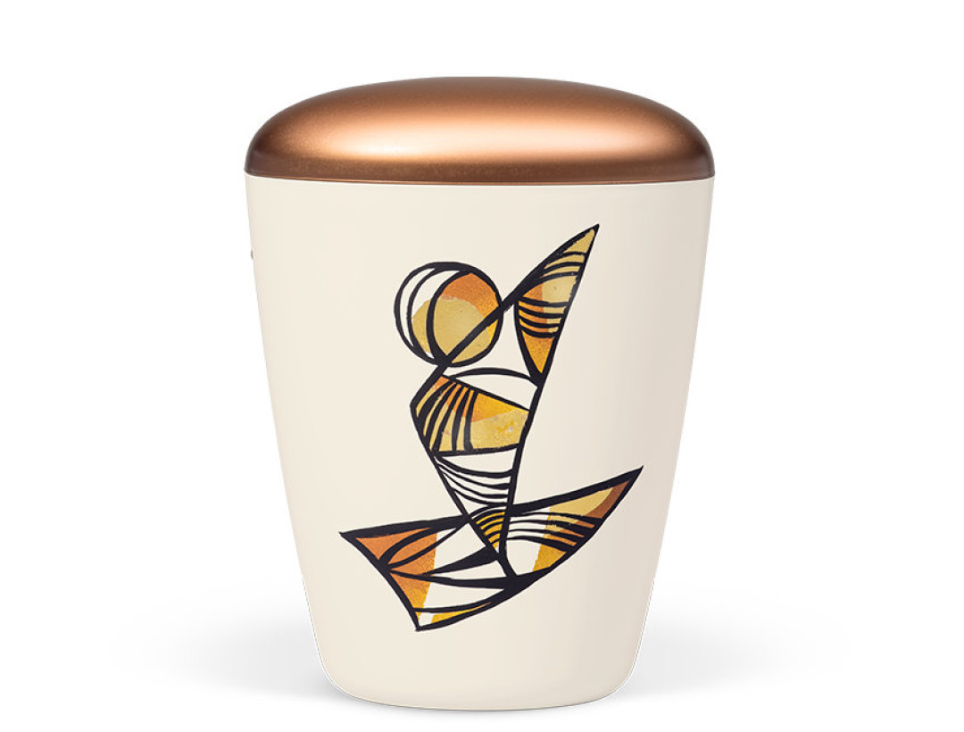 Naturstoffurne, Cremeweiß, Deckel: Kupferfarbig, Segelschiff, Handbemalt,mit Blattmetall veredelt