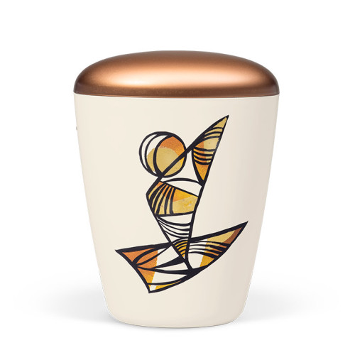 Naturstoffurne in cremeweiß mit kupferfarbigem Deckel, handbemalt mit einem Segelschiff-Motiv und Blattmetallveredlung, Gesamtansicht.