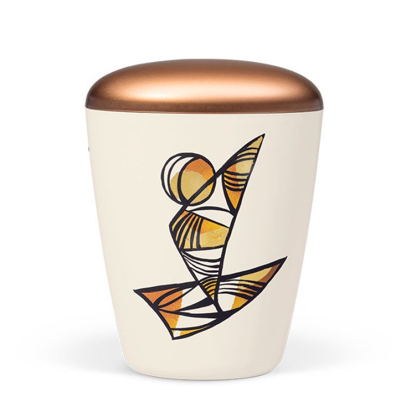 Naturstoffurne in cremeweiß mit kupferfarbigem Deckel, handbemalt mit einem Segelschiff-Motiv und Blattmetallveredlung, Gesamtansicht.