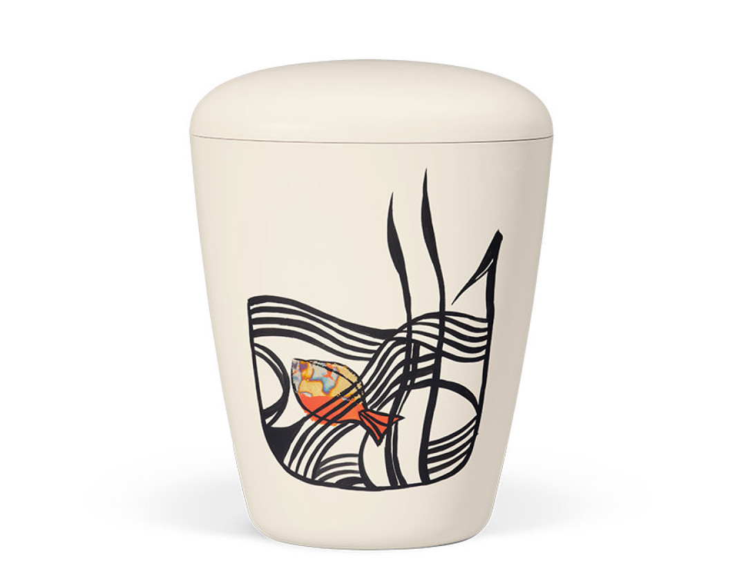 Naturstoffurne, Cremeweiß, Motiv Fisch, Handbemalt, Urne mit Blattmetall veredelt