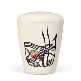 Naturstoffurne, Cremeweiß, Motiv Fisch, Handbemalt, Urne mit Blattmetall veredelt