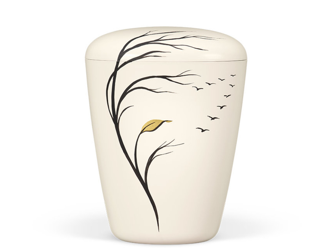 Naturstoffurne, Cremeweiß, Motiv Vogelzug, Handbemalt