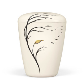 Naturstoffurne, Cremeweiß, Motiv Vogelzug, Handbemalt