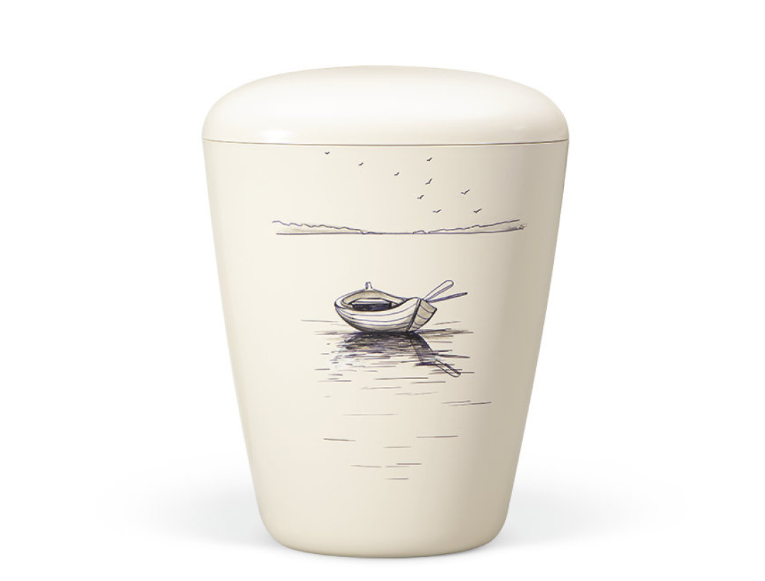 Naturstoffurne, Cremeweiß, Motiv Boot im Watt Handbemalt