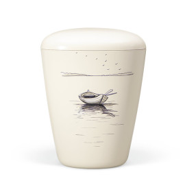 Naturstoffurne, Cremeweiß, Motiv Boot im Watt Handbemalt