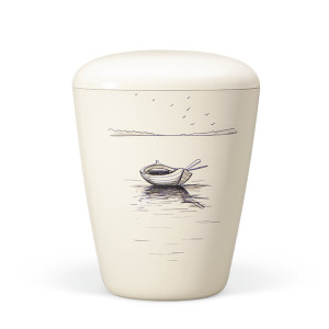 Naturstoffurne, Cremeweiß, Motiv Boot im Watt Handbemalt