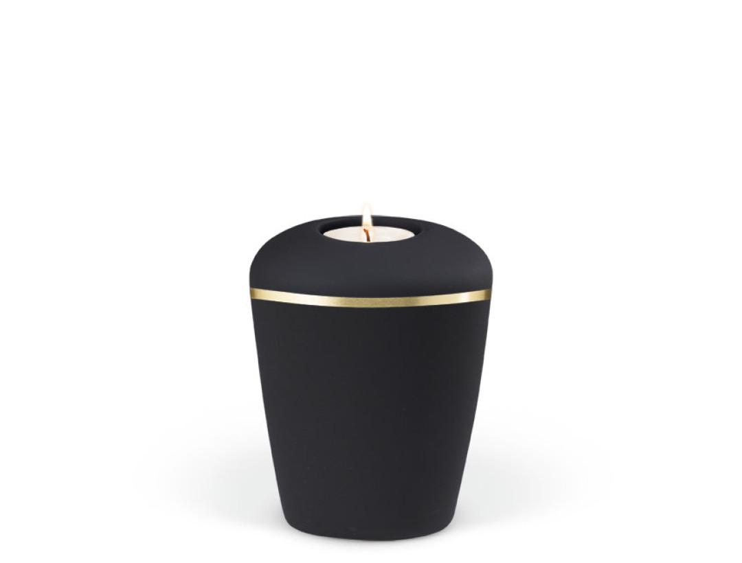 Keramikurne, Anthrazit Velours, Goldband gebürstet Gedenkurne mit Teelicht