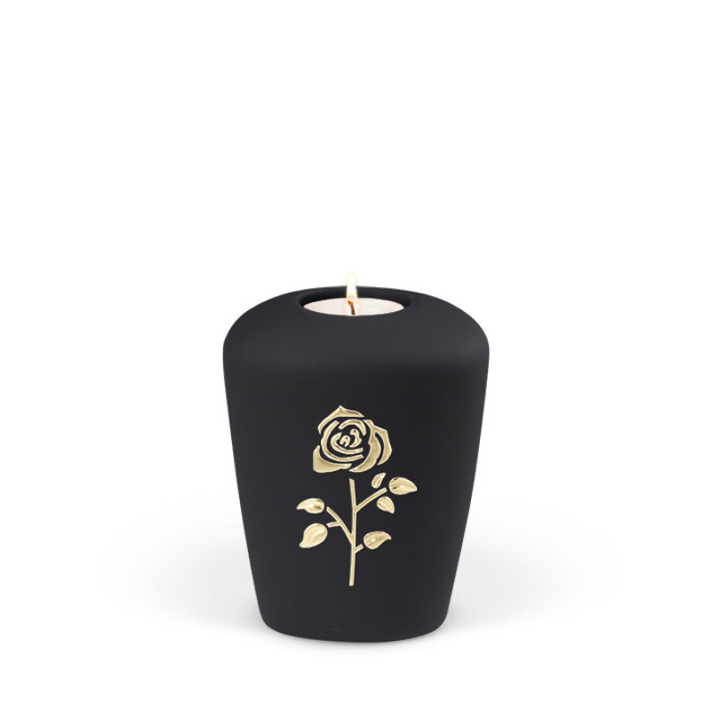 Keramikurne in anthrazit mit samtiger Oberfläche, geformt wie ein Zylinder, verziert mit einer goldenen Rose und einem Teelichthalter oben.