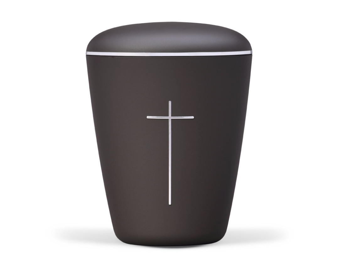 Naturstoffurne, Anthrazit Velours, Kreuz Silber Stripdome,Silberband