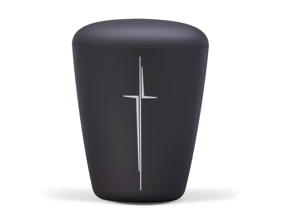 Naturstoffurne, Anthrazit Velours, Modernes Kreuz Matt Silber