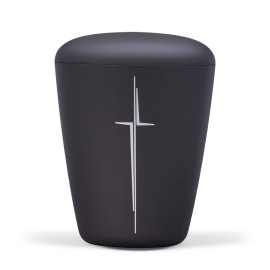 Naturstoffurne, Anthrazit Velours, Modernes Kreuz Matt Silber