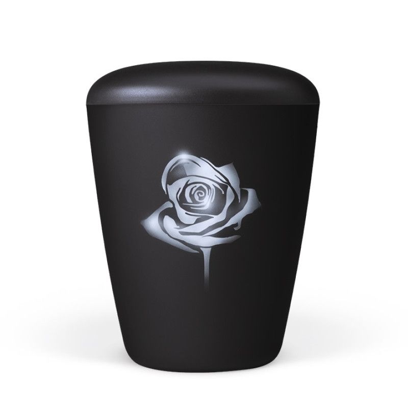 Naturstoffurne in anthrazit Velours mit einem Airbrush-Motiv einer weißen Rose, in runder Form und mit einem geschlossenen Deckel, Gesamtansicht.
