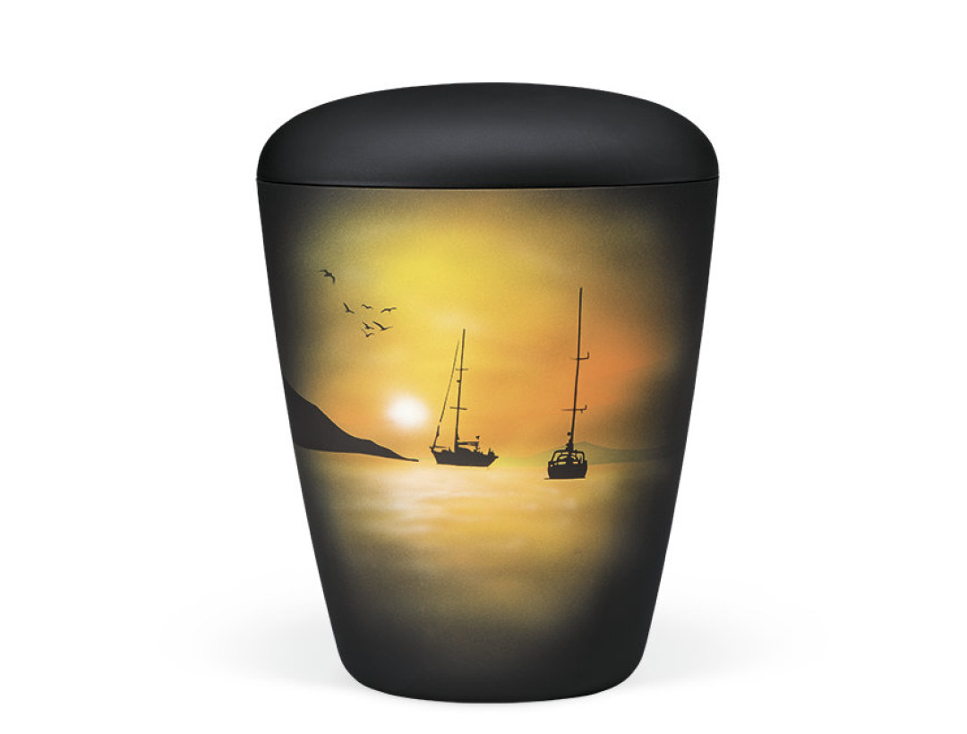 Naturstoffurne, Anthrazit Velours, Airbrush: Segelboot in der Abendsonne, Handbemalt