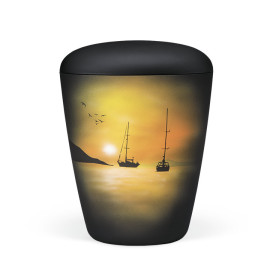 Naturstoffurne, Anthrazit Velours, Airbrush: Segelboot in der Abendsonne, Handbemalt