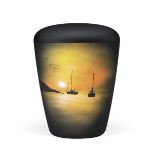 Naturstoffurne, Anthrazit Velours, Airbrush: Segelboot in der Abendsonne, Handbemalt