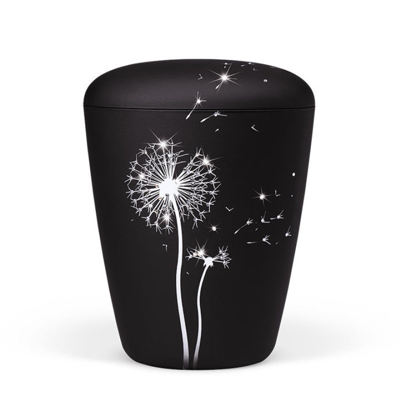 Naturstoffurne in Anthrazit Velours mit Airbrush-Motiv von Pusteblumen und Crystal Elements, in runder Form mit geschwungenem Deckel und glänzenden Akzenten.