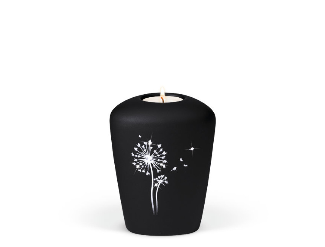 Keramikurne, Anthrazit Velour Airbrush Pusteblume mit Crystal Elements Gedenkurne mit Teelicht