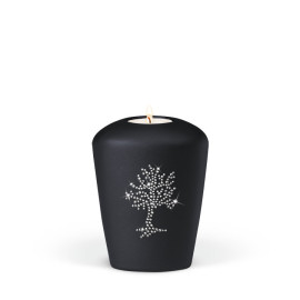 Keramikurne, Anthrazit Velours, Lebensbaum Crystal Elements Gedenkurne mit Teelicht