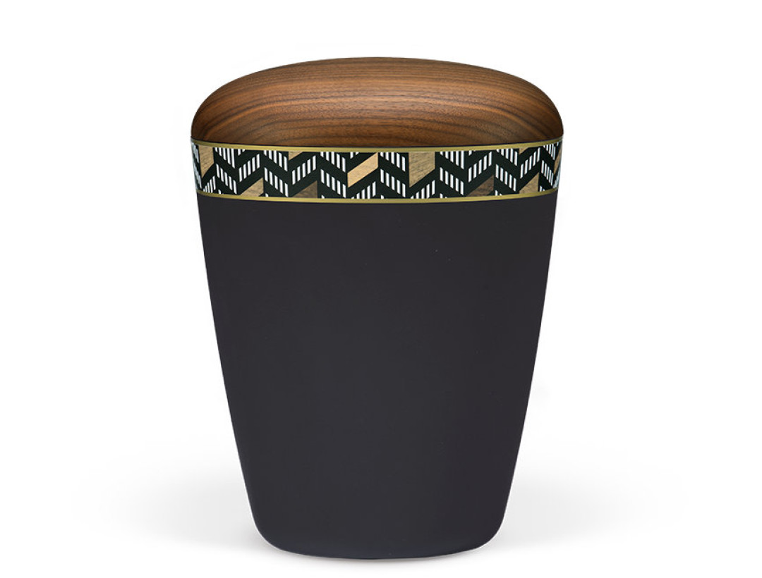 Naturstoffurne, Anthrazit Velours, Dekorband: Diago, Holzdeckel Nußbaum geölt