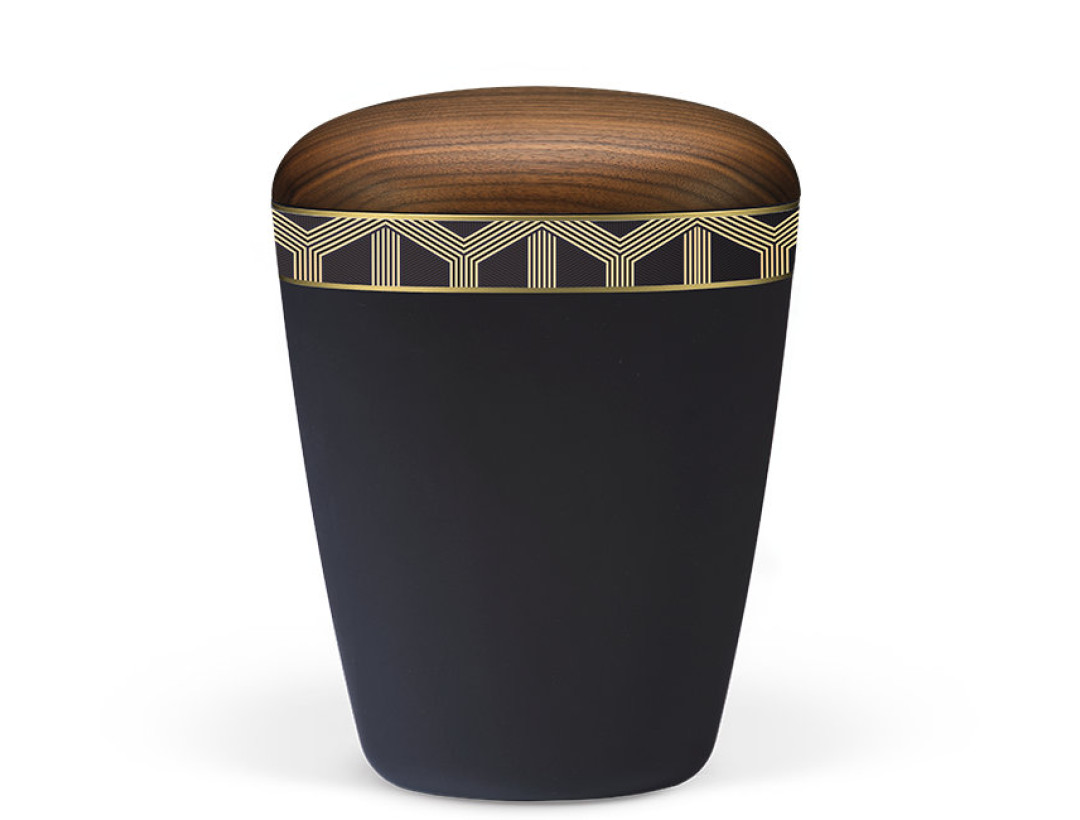 Naturstoffurne, Anthrazit Velours, Dekorband: Y Holzdeckel Nußbaum geölt