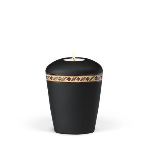 Keramikurne in anthrazit Velours mit rautenförmigem Dekorband und integriertem Teelicht, in konischer Form und mit mattem Finish.