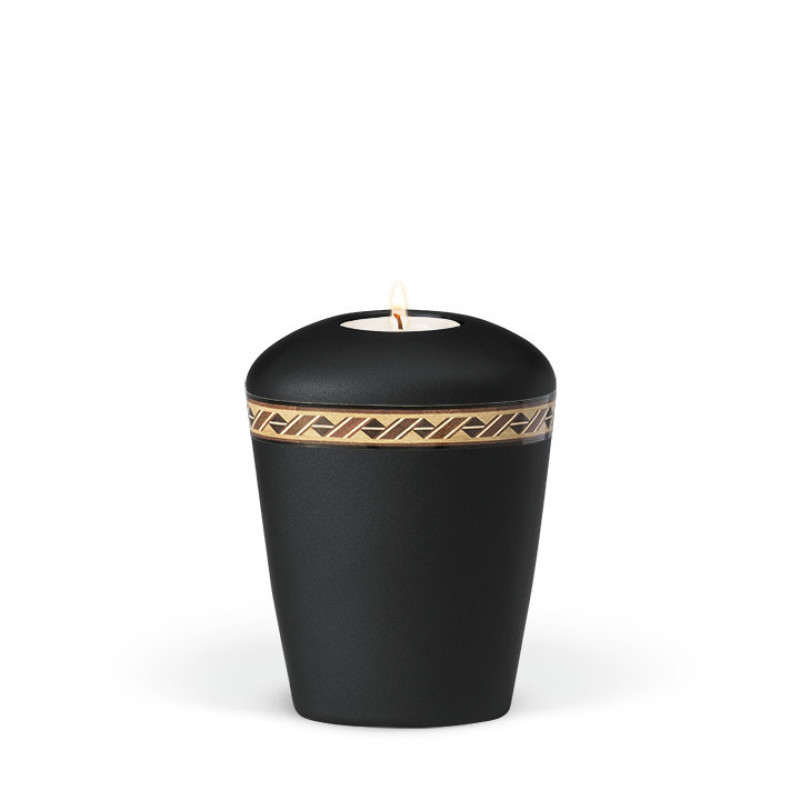 Keramikurne in anthrazit Velours mit rautenförmigem Dekorband und integriertem Teelicht, in konischer Form und mit mattem Finish.