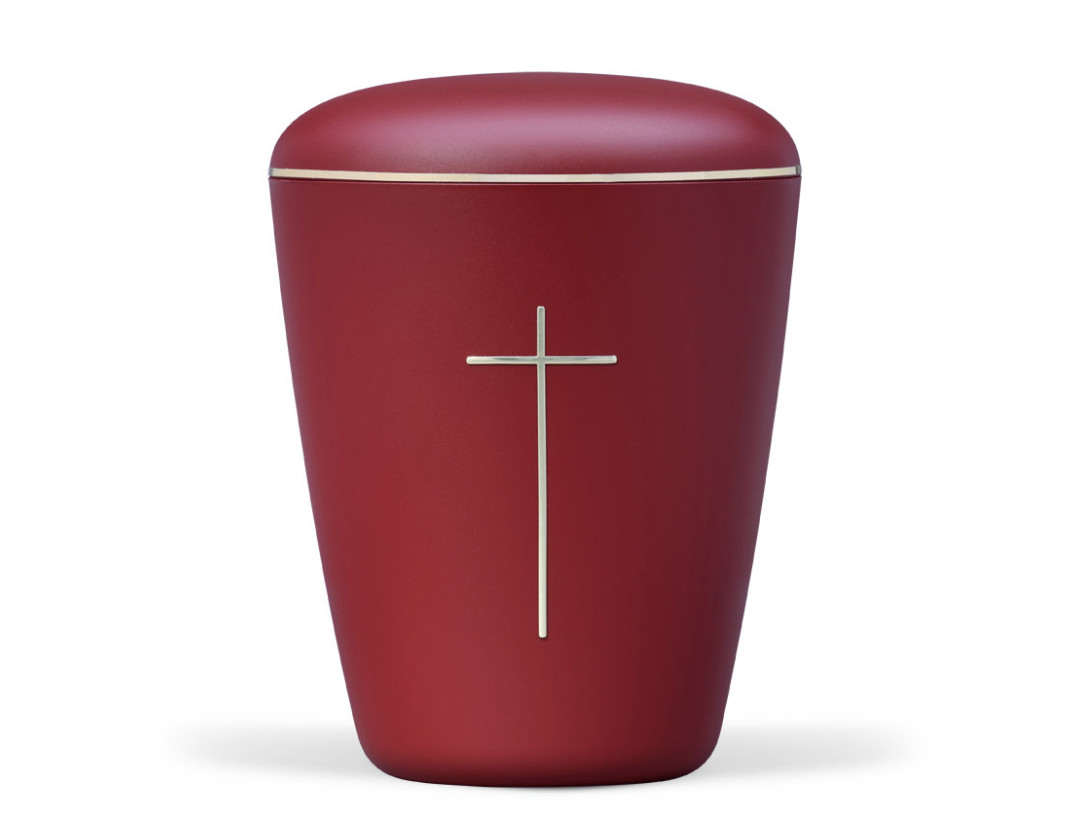 Naturstoffurne, Weinrot Velours, Kreuz Stripdome gold, Goldband