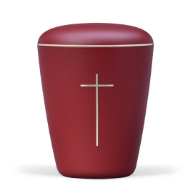 Naturstoffurne, Weinrot Velours, Kreuz Stripdome gold, Goldband