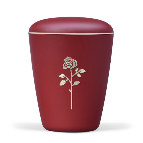 Die naturstoffurne ist in weinrot gehalten, hat eine glatte Oberfläche mit einer goldenen Rose und einem Goldband am oberen Rand.