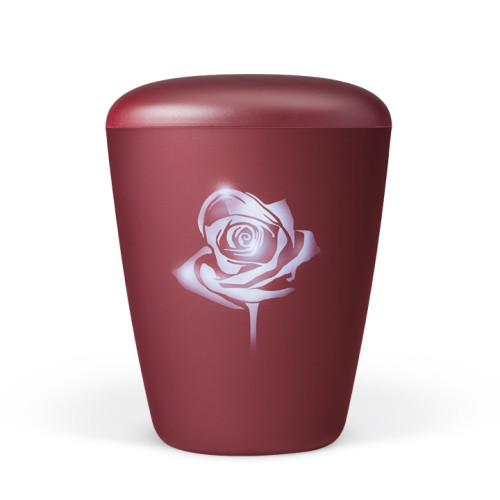 Naturstoffurne in weinrot mit samtiger Velours-Oberfläche und einer Airbrush-Darstellung einer Rose, in Gesamtansicht.
