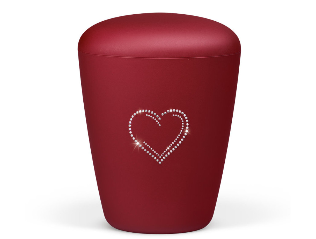Naturstoffurne, Weinrot Velours, Crystal Elements Steine HERZ (neue Herzen)