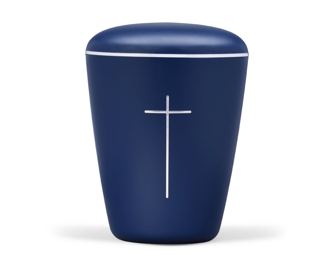 Naturstoffurne, Saphirblau Velours, Kreuz Silber Stripdome, Silberband