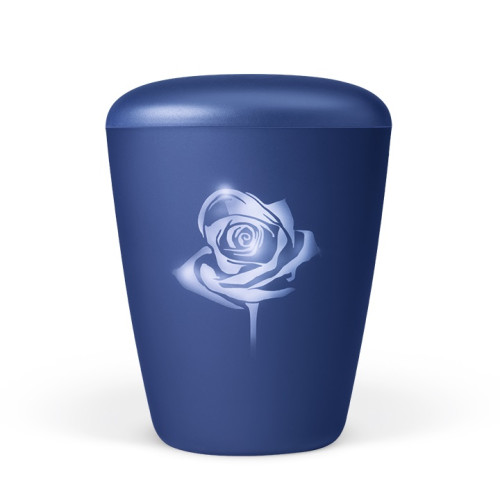 Eine saphirblaue Velours-Naturstoffurne mit einer Airbrush-Darstellung einer Rose, in Gesamtansicht und mit abgerundeter Oberseite.